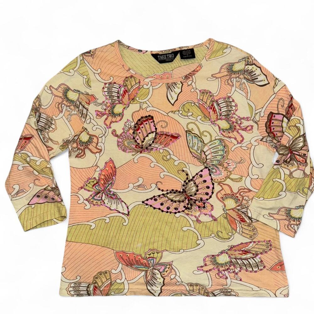 Beaded butterfly quarter sleeve top